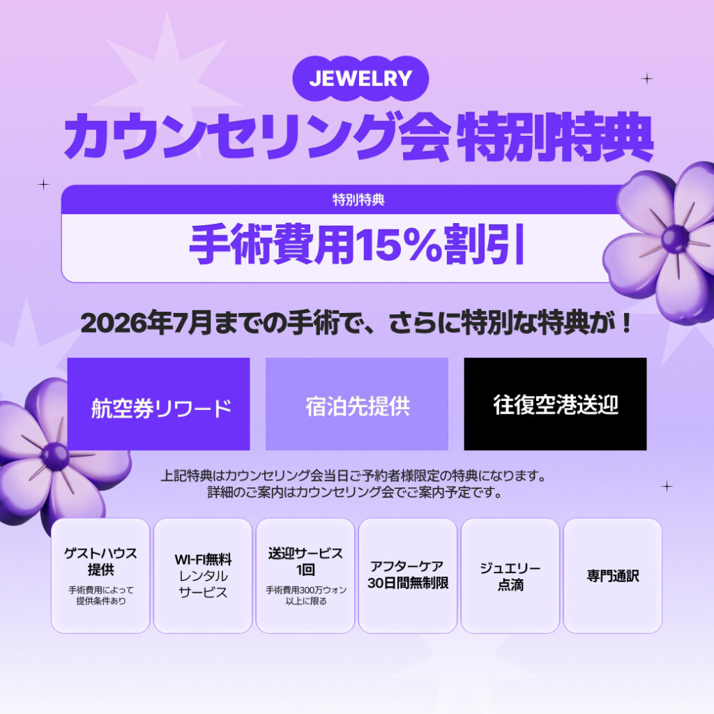 カウンセリング会+東京+トータル整形+シンヨンウォン 代表院長 11 | ジュエリー美容外科 ジュエリー美容外科の「カウンセリング会特別特典」を案内する画像。中央に「特別特典 手術費用15%割引」と大きく記載されています。その下に「2026年7月までの手術で、さらに特別な特典が!」として、「航空券リワード」「宿泊先提供」「往復空港送迎」の3つの特典が紹介されています。さらに下部には「ゲストハウス提供」「Wi-Fi無料レンタルサービス」「送迎サービス1回」「アフターケア30日間無制限」「ジュエリー点滴」「専門通訳」のサポート内容が並んでいます。